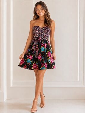 Xhilarstion Black Strapless Floral Dress with Pink and Teal Accents